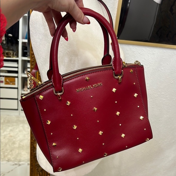 Real Michael Kors Burgundy Studded Women's Bag - Picture 4 of 8